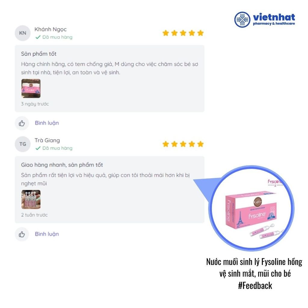 Nước muối sinh lý Fysoline hồng vệ sinh tai, mũi, mắt hằng ngày cho trẻ sơ sinh và trẻ nhỏ, hộp 40 ống x 5ml