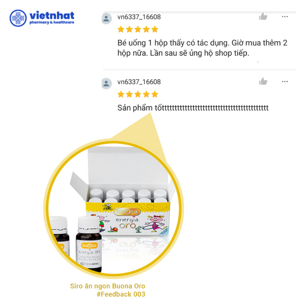 Review và feedback về Siro Energia Oro hỗ trợ cải thiện ăn ngon của Buona