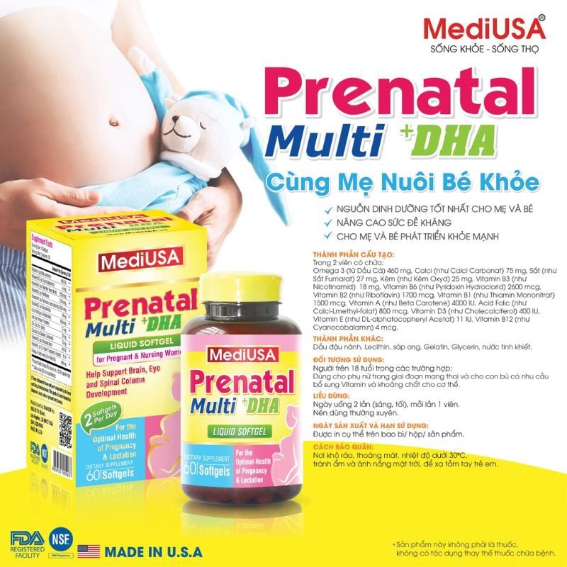 Vitamin Tổng Hợp Cho Bà Bầu MediUSA Prenatal Multi + DHA - Đồng Hành Cùng Thai Kỳ Khỏe Mạnh