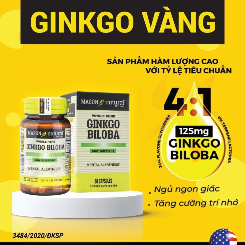 Viên uống bổ não Mason Ginkgo Biloba của Mỹ, giảm đau đầu, cải thiện giấc ngủ, trí não khỏe mạnh, hộp 60 viên