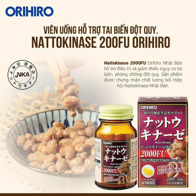 Viên uống hỗ trợ điều trị tai biến Orihiro Nattokinase 2000FU 60 viên, nhập khẩu chính hãng