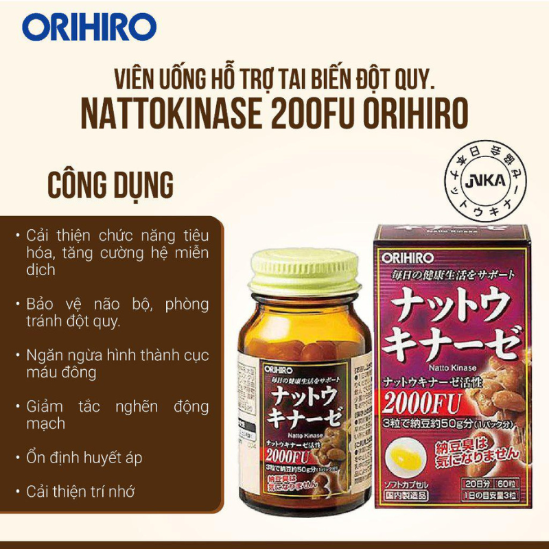 Viên uống hỗ trợ điều trị tai biến Orihiro Nattokinase 2000FU 60 viên, nhập khẩu chính hãng