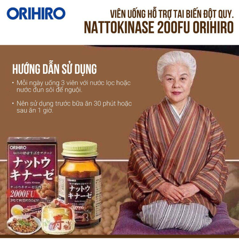 Viên uống hỗ trợ điều trị tai biến Orihiro Nattokinase 2000FU 60 viên, nhập khẩu chính hãng