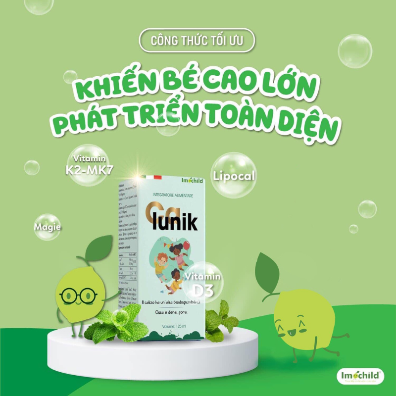 Calunik Imochild - Bổ sung Canxi sinh học, Vitamin D3K2 và Magie giúp bé phát triển chiều cao tối ưu, chai 125ml