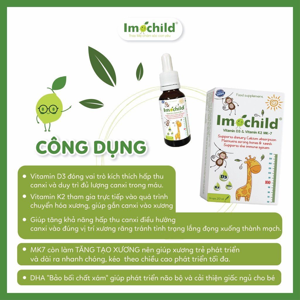Imochild D3K2 - Bổ sung D3K2 và DHA, hỗ trợ phát triển xương và não bộ cho trẻ, chai 20ml