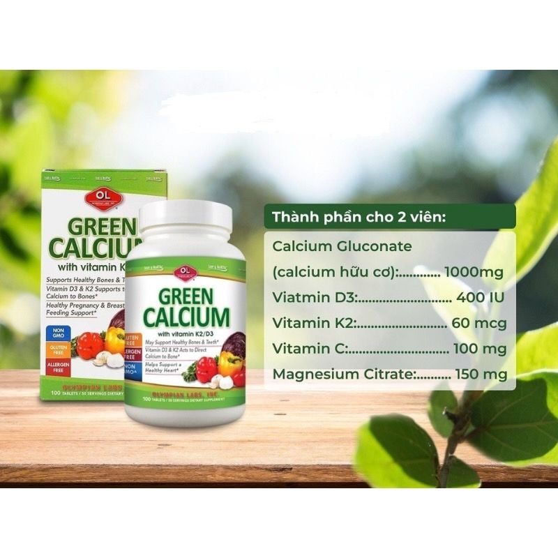 Canxi hữu cơ Green Calcium của Mỹ - Bổ sung canxi cho bà bầu, sau sinh và cho con bú, người lớn, hộp 100 viên