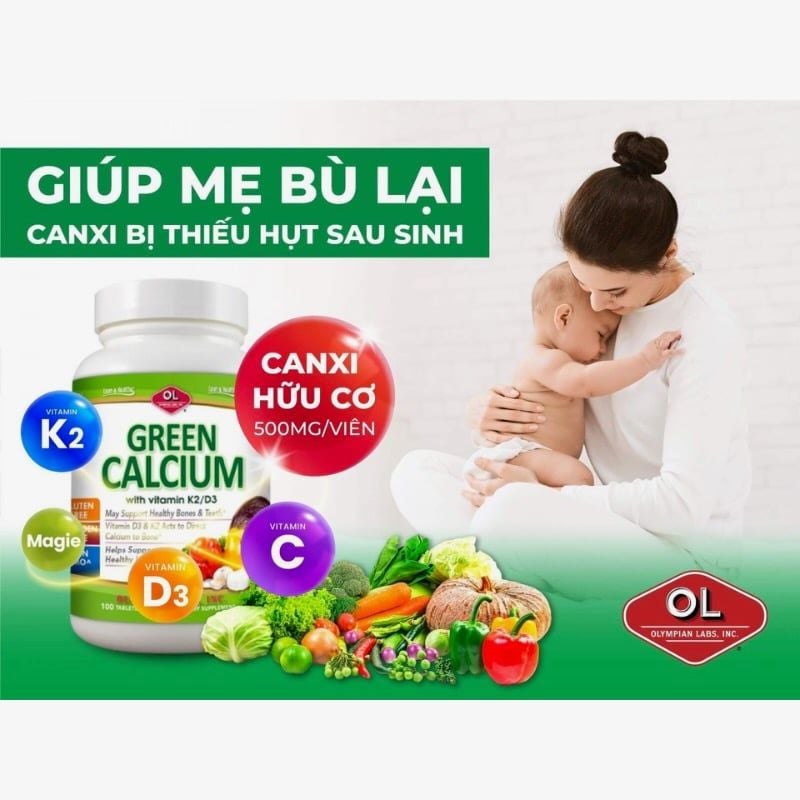 Canxi hữu cơ Green Calcium của Mỹ - Bổ sung canxi cho bà bầu, sau sinh và cho con bú, người lớn, hộp 100 viên