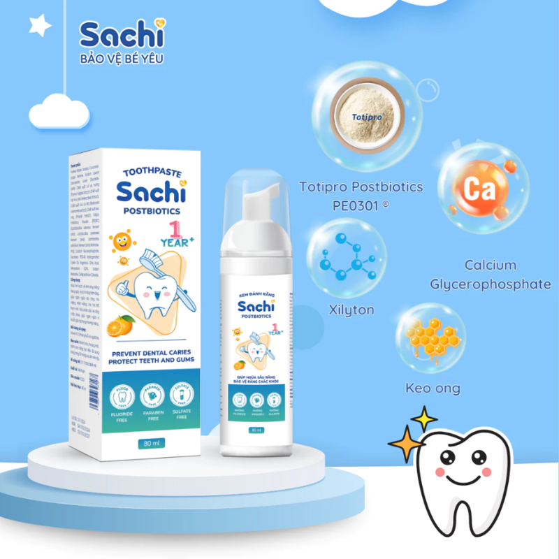 Kem đánh răng cho trẻ Sachi Postbiotics dạng bọt - Giải pháp chăm sóc răng miệng an toàn cho bé từ 1 tuổi