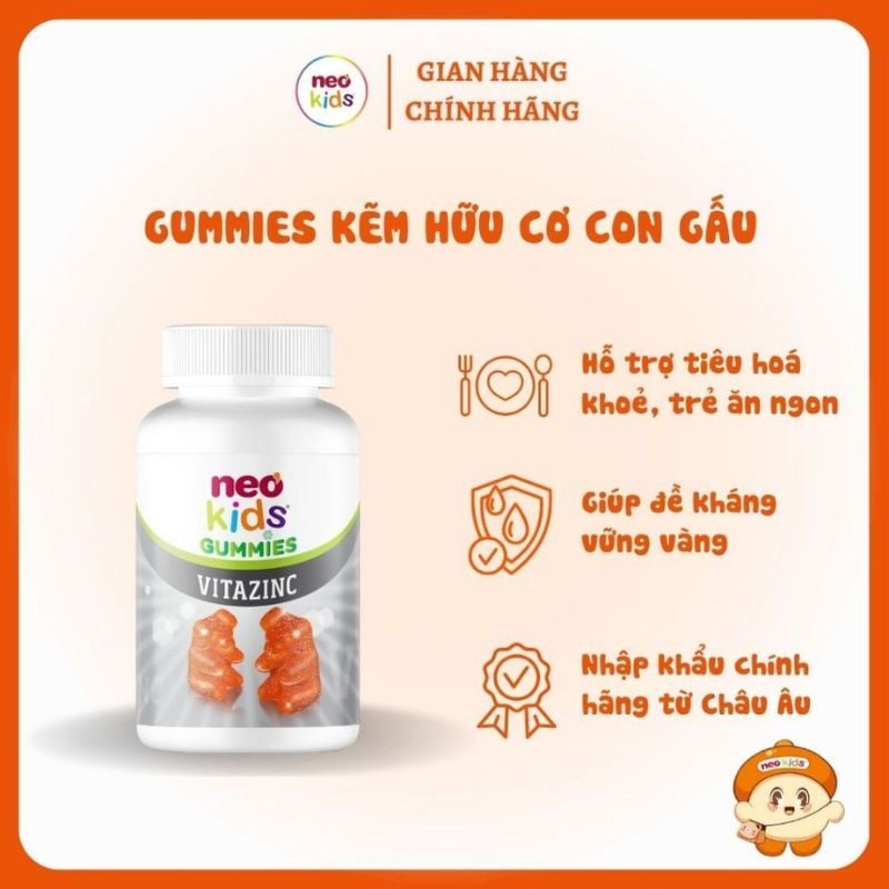 Kẹo dẻo Neo Kids Gummies VitaZinC Bổ Sung Kẽm Hữu Cơ  Và Vitamin Cho Bé Khoẻ Mạnh Toàn Diện, Lọ 60 Viên