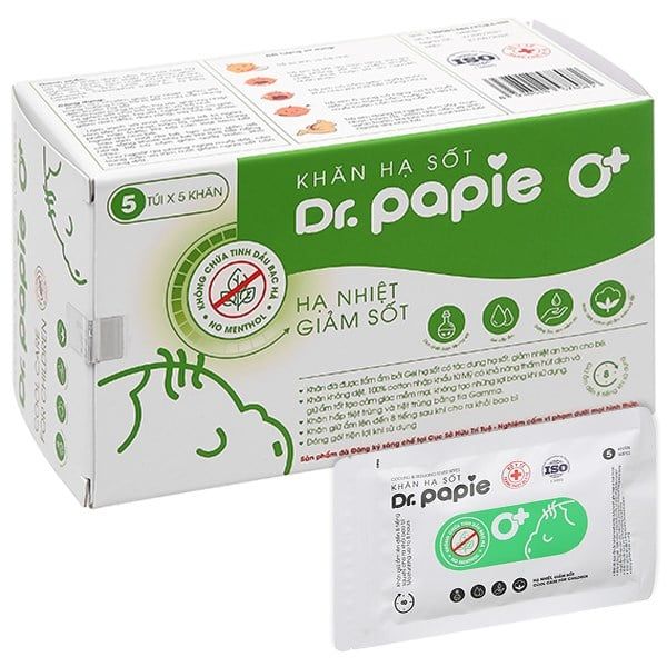 Khăn hạ sốt Dr.Papie 0+ cho bé, an toàn cho trẻ sơ sinh, gói 5 miếng, hộp 5 gói