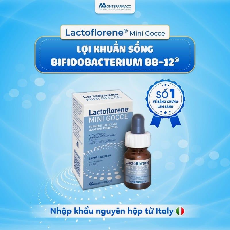 Men vi sinh Lactoflorene mini gocce,chứa lợi khuẩn sống BB-12, cải thiện bất dung nạp lactose, khóc dạ đề và tiêu chảy ở trẻ sơ sinh