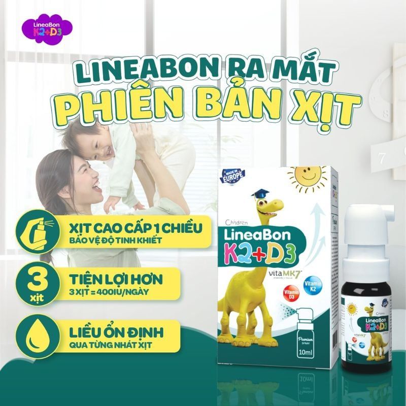 LineaBon D3K2 dạng xịt cho trẻ từ 0 tháng tuổi - Giảm quấy khóc về đêm, ngủ ngon hơn, Lọ 10ml