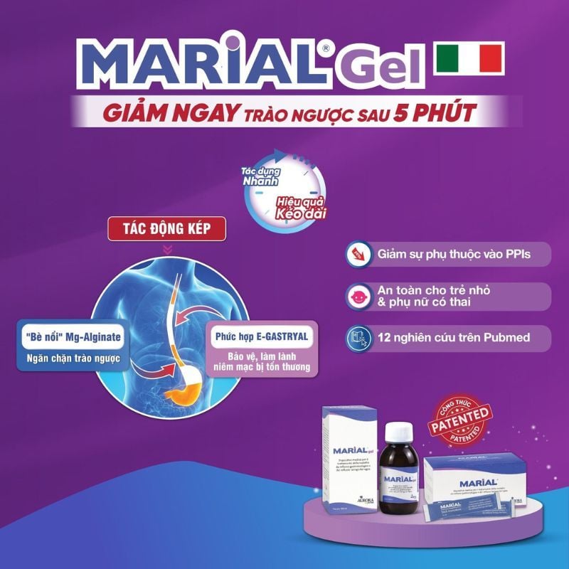 Marial Gel chống trào ngược dạ dày thực quản từ Ý, bảo vệ và phục hồi niêm mạc, hộp 20 gói
