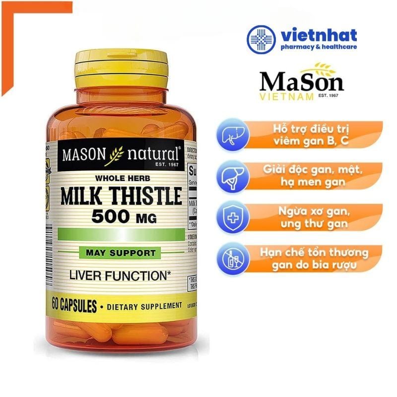 Viên Uống Mason Milk Thistle 500mg - Giải Độc Gan, Tăng Cường Chức Năng Gan Từ Mỹ, Hộp 60 viên
