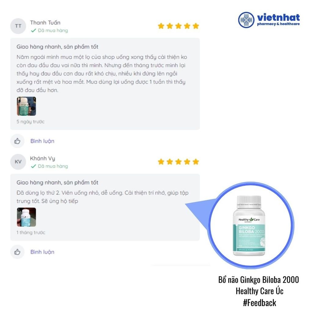 Ginkgo Biloba 2000 Healthy Care Từ Úc - Giảm Đau Đầu, Chóng Mặt và Mất ngủ, Hộp 100 Viên