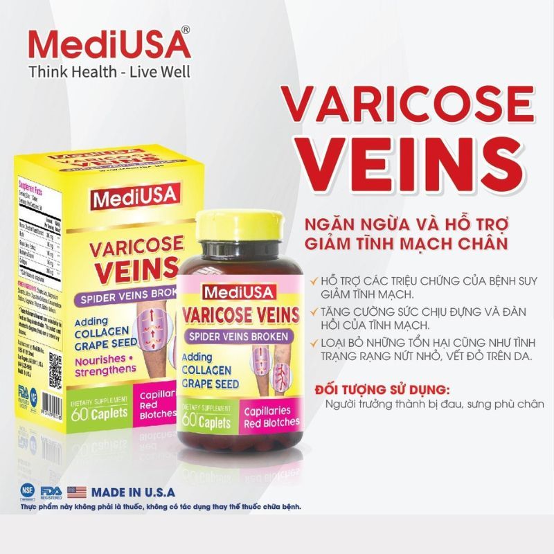MediUSA Varicose Veins - Hỗ trợ điều trị suy giãn tĩnh mạch hiệu quả, hộp 30 viên