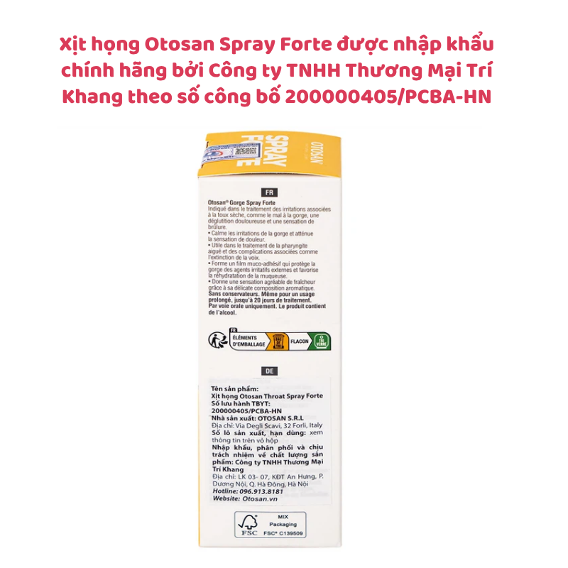 Xịt họng Otosan Spray Forte giảm ho, giảm đau rát họng, hỗ trợ điều trị viêm họng cấp, viêm hô hấp,  (30ml)
