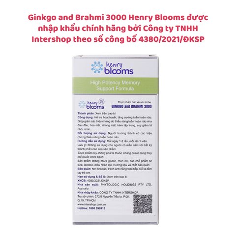 Viên uống bổ não Ginkgo and Brahmi 3000 Henry Blooms, hoạt huyết, cải thiện tuần hoàn não, hộp 30 viên