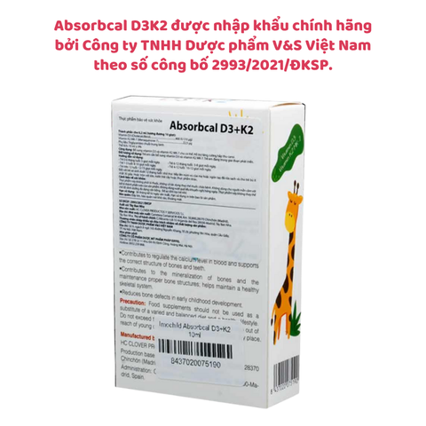 Absorbcal D3K2 - Giải Pháp Tối Ưu Bổ Sung Vitamin D3, K2 MK7 Cho Trẻ Từ Châu Âu, Chai 10ml