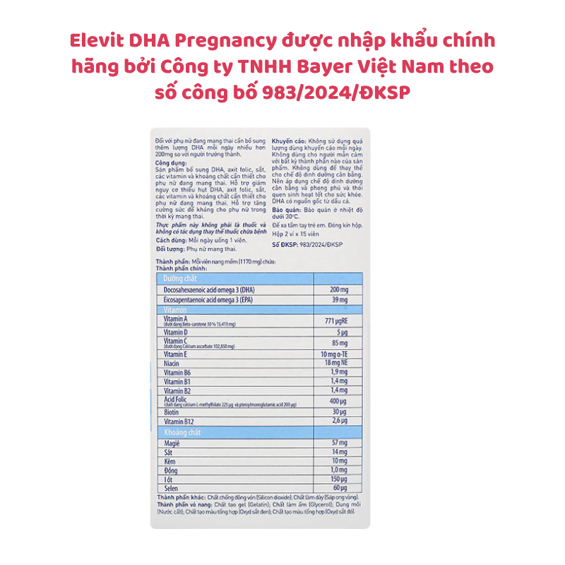 Elevit DHA Pregnancy - Vitamin tổng hợp cho bà bầu của Pháp, nhập khẩu chính hãng, hộp 30 viên