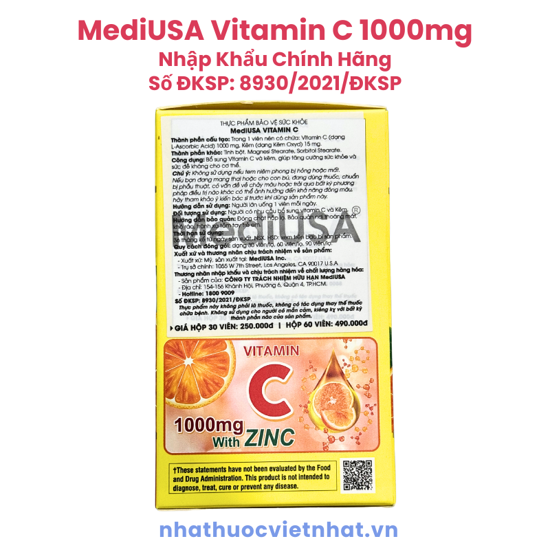 Viên uống Vitamin C 1000mg MediUSA - Giải Pháp Toàn Diện Cho Hệ Miễn Dịch Khỏe Mạnh, Hộp 30 viên