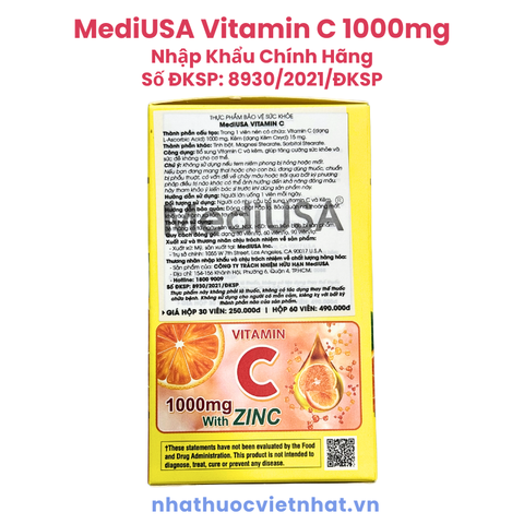 Viên uống Vitamin C 1000mg MediUSA - Giải Pháp Toàn Diện Cho Hệ Miễn Dịch Khỏe Mạnh, Hộp 30 viên