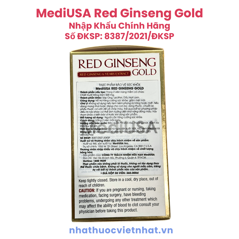 Viên Uống Hồng Sâm MediUSA Red Ginseng Gold, Tăng Cường Sức Khoẻ, Hộp 30 Viên