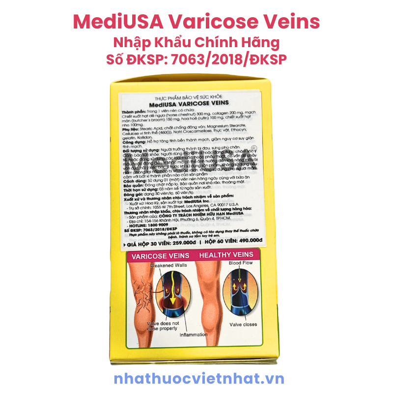 MediUSA Varicose Veins - Hỗ trợ điều trị suy giãn tĩnh mạch hiệu quả, hộp 30 viên