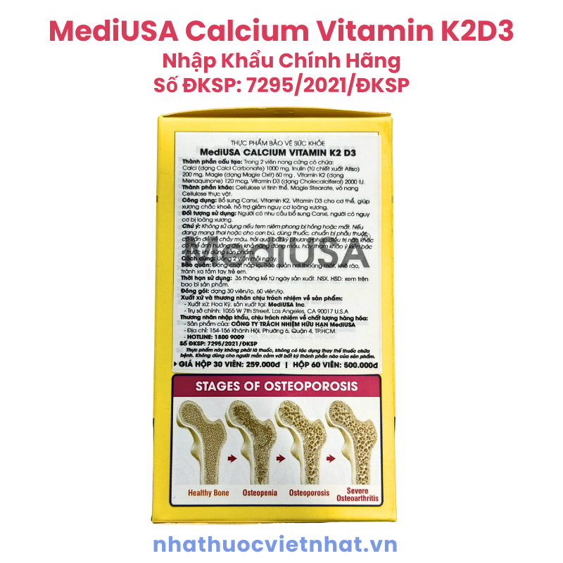 Viên uống bổ sung canxi của Mỹ MediUSA Calcium Vitamin K2 D3 - Giúp xương chắc khoẻ, ngăn ngừa loãng xương ở người lớn tuổi, hộp 30 viên