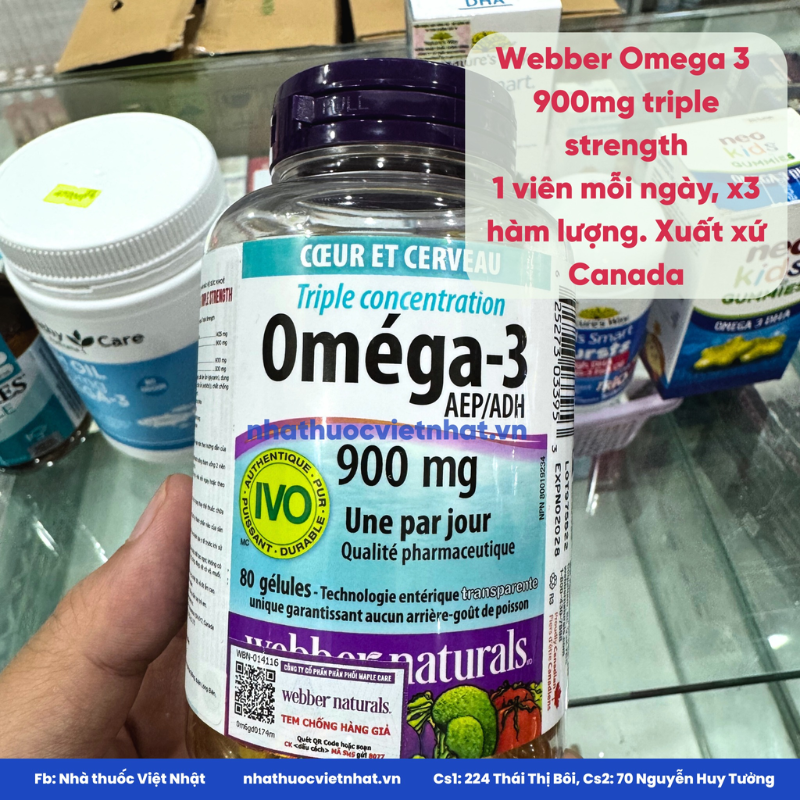 Viên Uống Dầu Cá Omega-3 Triple Strength Webber Naturals 900mg - Hỗ Trợ Sức Khỏe Tim Mạch, Não Bộ và Thị Lực, Hộp 80 viên