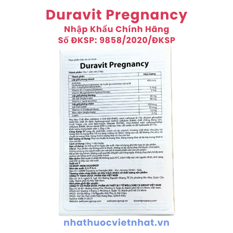 Duravit Pregnancy, bổ sung vitamin tổng hợp cho phụ nữ trước và trong thai kỳ, hộp 30 viên