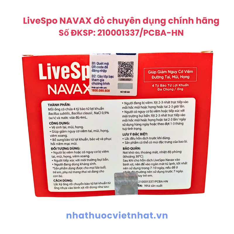 LiveSpo NAVAX màu đỏ, chuyên dụng dạng xịt mũi giúp giảm nguy cơ viêm đường tai, mũi, họng (mẫu mới, hộp 10 ống x 4ml)