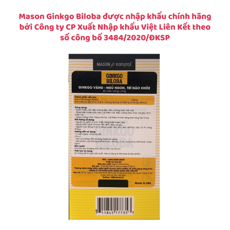 Viên uống bổ não Mason Ginkgo Biloba của Mỹ, giảm đau đầu, cải thiện giấc ngủ, trí não khỏe mạnh, hộp 60 viên