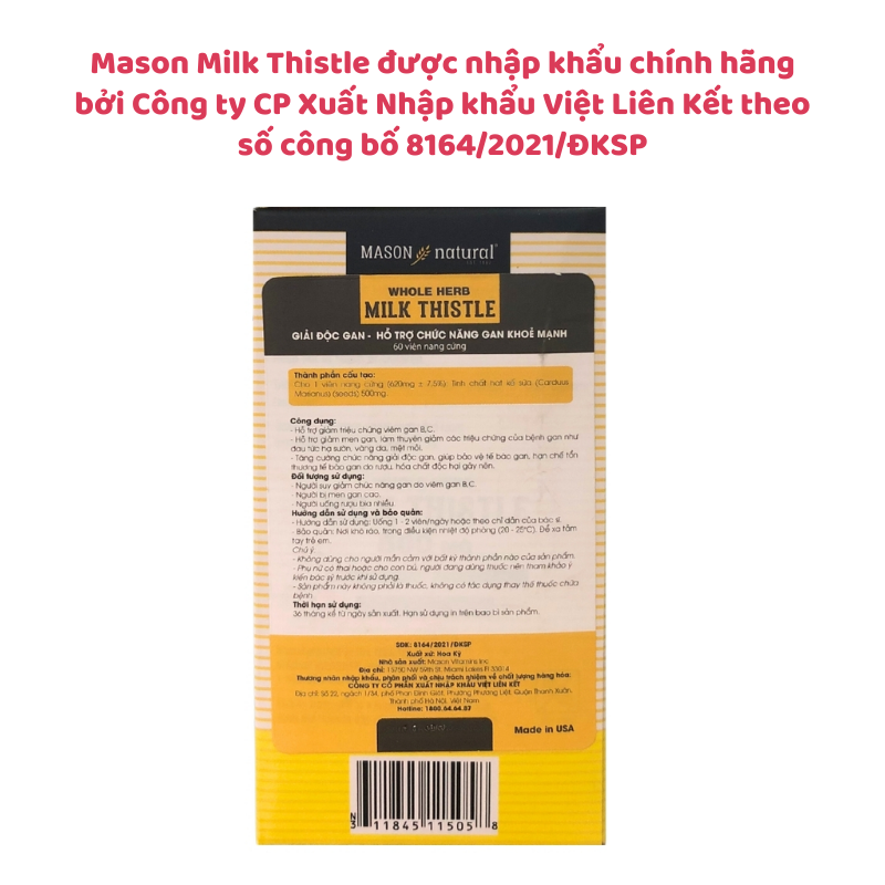 Viên Uống Mason Milk Thistle 500mg - Giải Độc Gan, Tăng Cường Chức Năng Gan Từ Mỹ, Hộp 60 viên