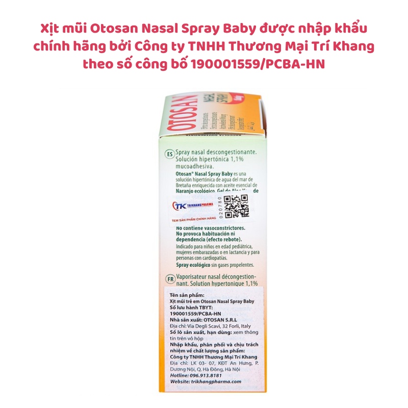 Xịt mũi Otosan Nasal Spray Baby - Hỗ trợ giảm nghẹt mũi, viêm mũi cho bé, nhập khẩu từ Ý