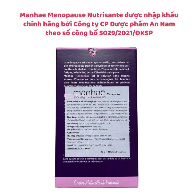 Viên uống cân bằng nội tiết Manhae Menopause Nutrisante, nhập khẩu chính hãng từ Pháp