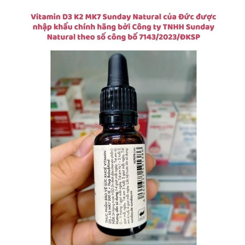 Vitamin D3 K2 MK7 Sunday Natural hỗ trợ tăng chiều cao cho bé của Đức, chai 20ml