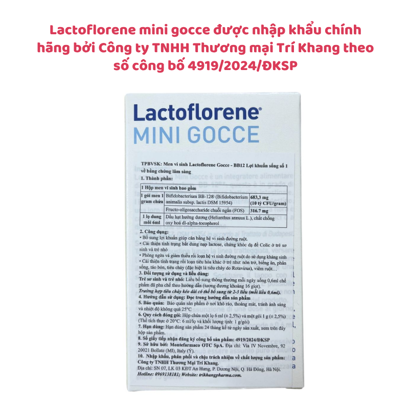 Men vi sinh Lactoflorene mini gocce,chứa lợi khuẩn sống BB-12, cải thiện bất dung nạp lactose, khóc dạ đề và tiêu chảy ở trẻ sơ sinh