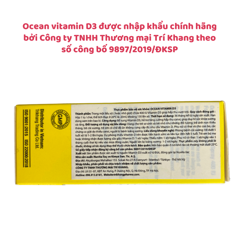 Ocean vitamin D3 dạng xịt/nhỏ giọt 400IU, giúp tăng cường hấp thu canxi, chai 20ml