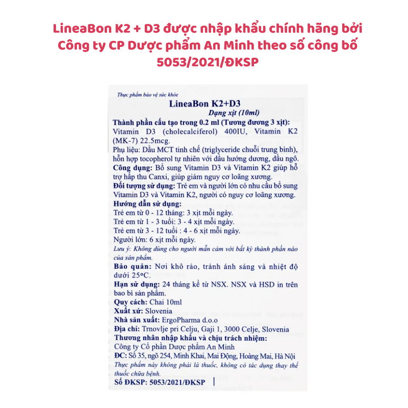 LineaBon D3K2 dạng xịt cho trẻ từ 0 tháng tuổi - Giảm quấy khóc về đêm, ngủ ngon hơn, Lọ 10ml
