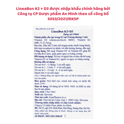 LineaBon D3K2 dạng xịt cho trẻ từ 0 tháng tuổi - Giảm quấy khóc về đêm, ngủ ngon hơn, Lọ 10ml