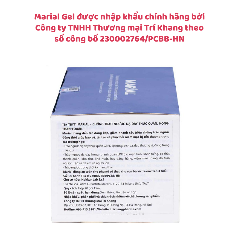 Marial Gel chống trào ngược dạ dày thực quản từ Ý, bảo vệ và phục hồi niêm mạc, hộp 20 gói