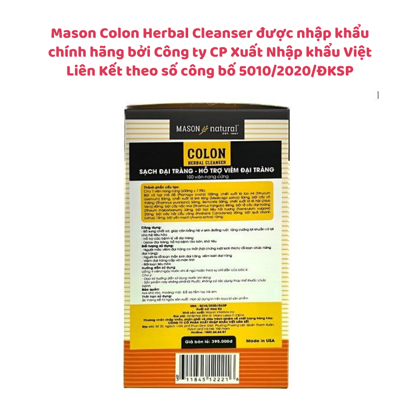 Viên uống hỗ trợ viêm đại tràng Mason Colon Herbal Cleanser May Support của Mỹ, hộp 60 viên