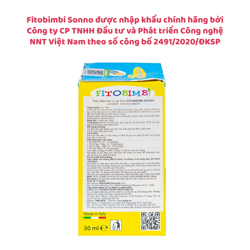 Siro ngủ ngon cho bé Fitobimbi Sonno hỗ trợ cải thiện giấc ngủ cho trẻ từ sơ sinh từ thiên nhiên (30ml)