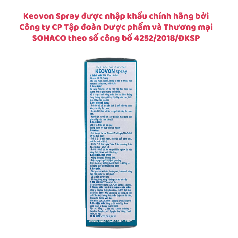 Keovon Spray bổ sung vitamin K2, tăng cường hấp thu canxi, chai xịt 25ml