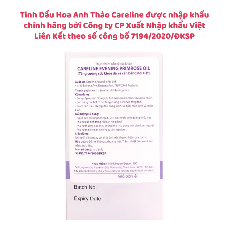 Tinh Dầu Hoa Anh Thảo Careline - Giải pháp tự nhiên giúp cân bằng nội tiết tố từ Úc, Hộp 60 viên