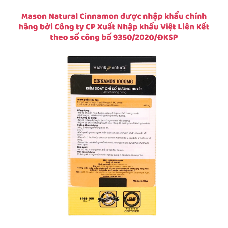 Mason Natural Cinnamon 1000mg - Hỗ Trợ Kiểm soát Đường Huyết Hiệu Quả Cho Người Bị Tiểu Đường