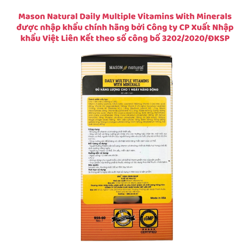 Mason Natural Daily Multiple Vitamins With Minerals - Bổ Sung Vitamin Và Khoáng Chất Cho Cơ Thể Khoẻ Mạnh