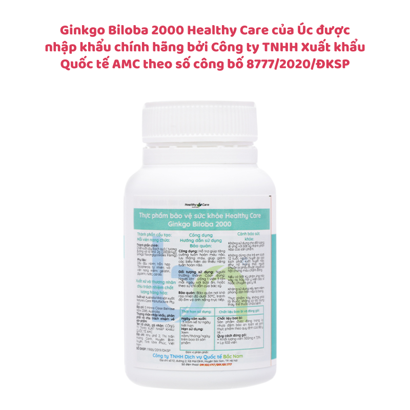 Ginkgo Biloba 2000 Healthy Care Từ Úc - Giảm Đau Đầu, Chóng Mặt và Mất ngủ, Hộp 100 Viên