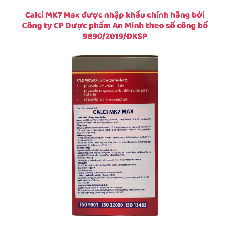 Calci MK7 Max - Bổ sung canxi hữu cơ từ tảo biển đỏ, kết hợp với vitamin D3 và K2MK7, hộp 60 viên